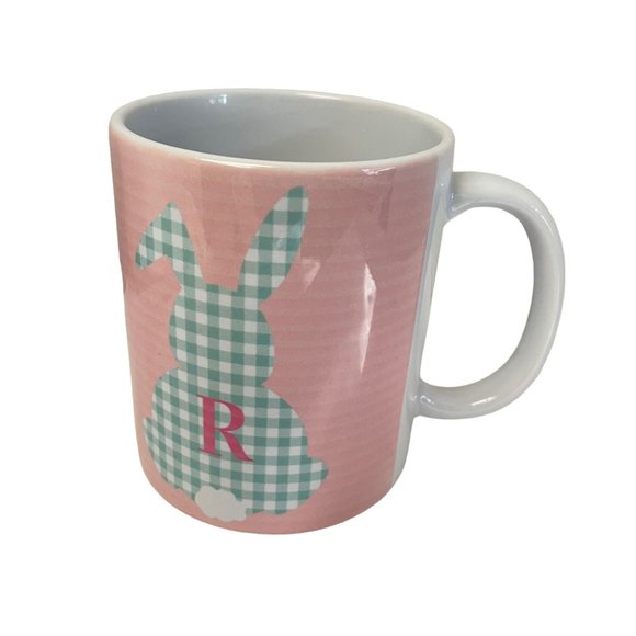 Hallmark Mug Cup Pink Rabbit Green Gingham Plaid R Initial Monogram 4" x 3 1/2" - Picture 1 of 6